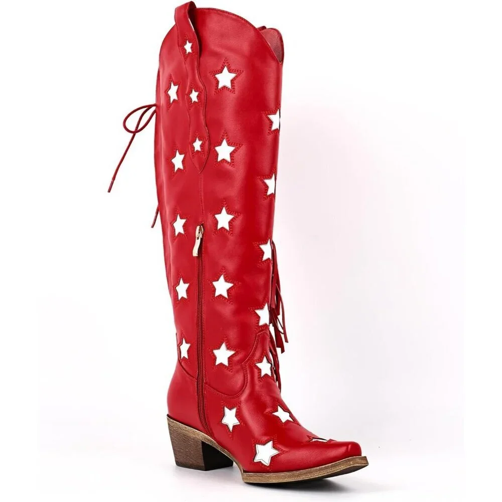 Women Red Star Synthetic Fringe Thigh High Tassel Wide Over Knee Pointed Boot